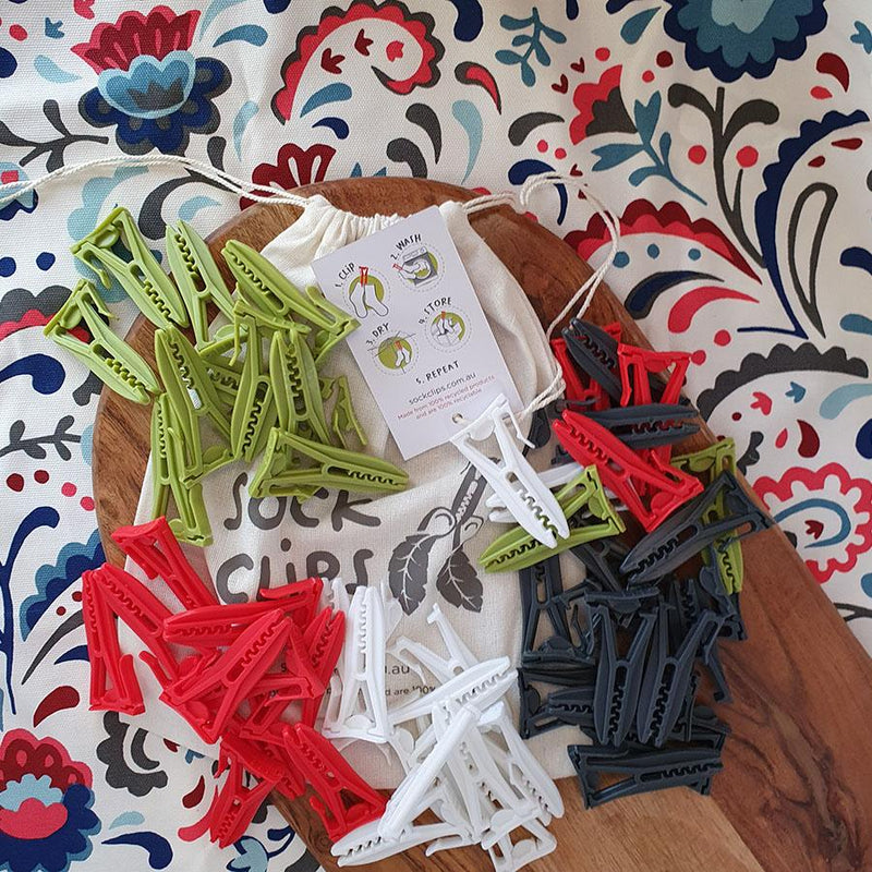 Individual coloured sock clips - black, green, red, white