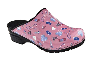 Sanita comfort theatre clogs. Pink Care diagonal view