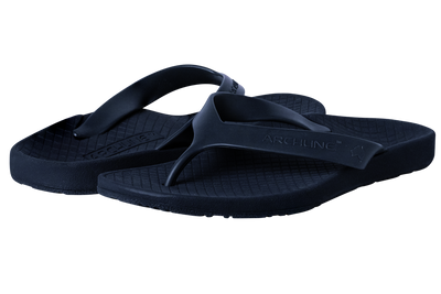 Archline Flip Flop thongs, navy, two thongs diagonal side by side view