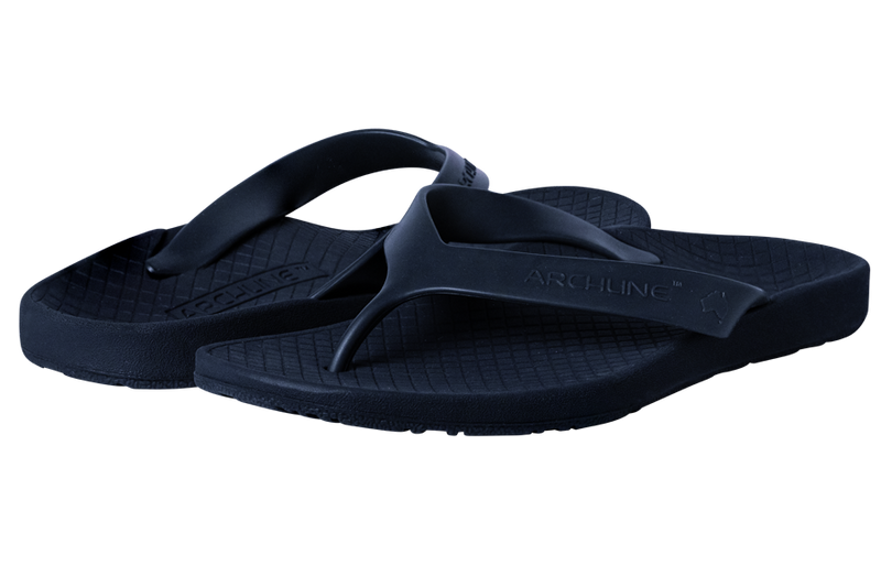 Archline Flip Flop thongs, navy, two thongs diagonal side by side view