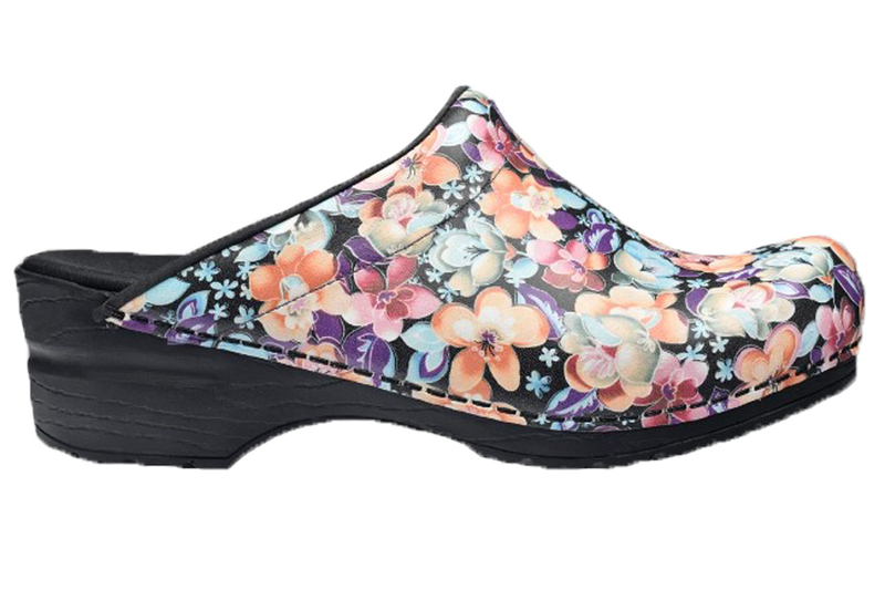 Sanita Isalena Salmon Open Clogs  side view of floral leather clogs