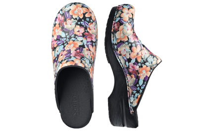 Sanita Isalena Salmon Open Clogs  Side and top view of floral leather clogs