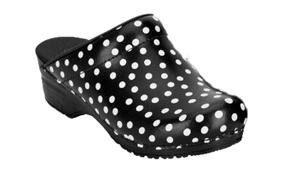 San Flex wellness footwear clogs. Diagonal view Black with white dots