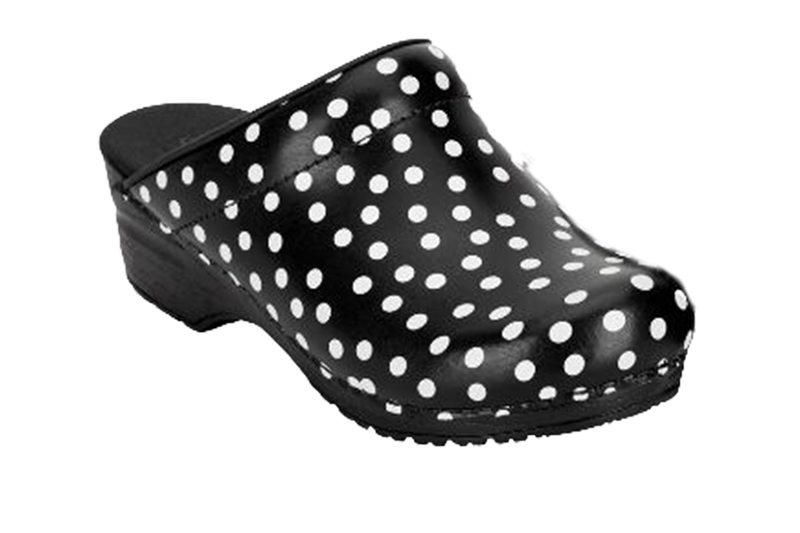 San Flex wellness footwear clogs. Diagonal view Black with white dots