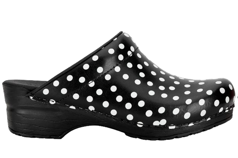 San Flex wellness footwear clogs. Side view Black with white dots