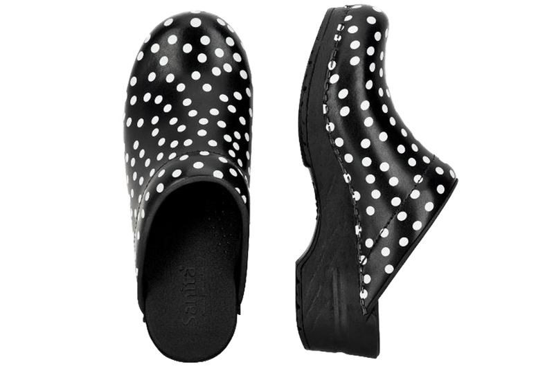 San Flex wellness footwear clogs. Side and top view Black with white dots