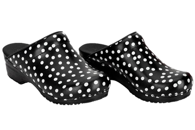 San Flex wellness footwear clogs. Two Side view Black with white dots