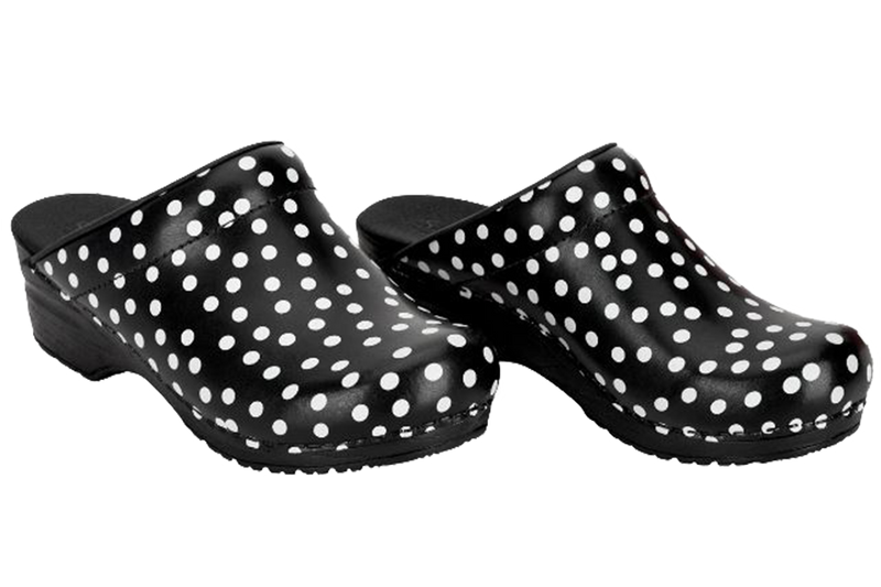 San Flex wellness footwear clogs. Two Side view Black with white dots