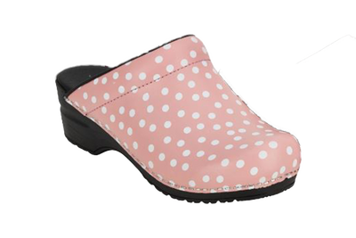 San Flex wellness footwear clogs. Diagonal view pink with white dots