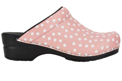 San Flex wellness footwear clogs. Side view pink with white dots