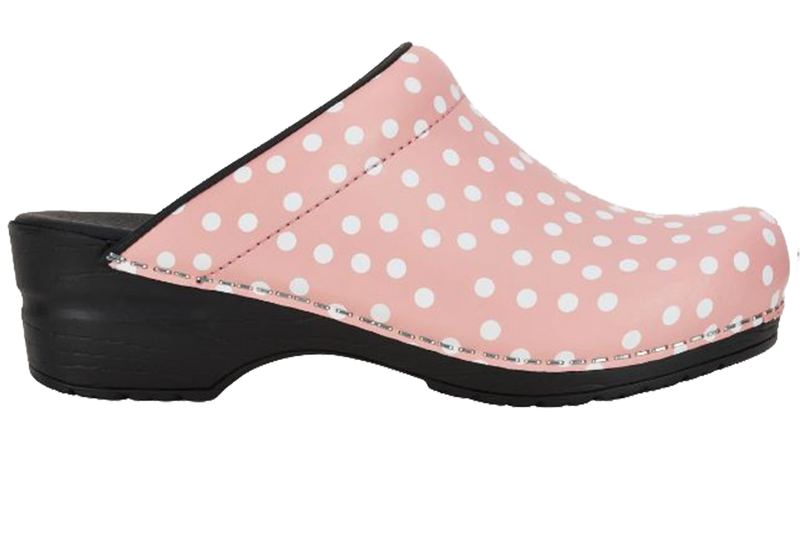 San Flex wellness footwear clogs. Side view pink with white dots