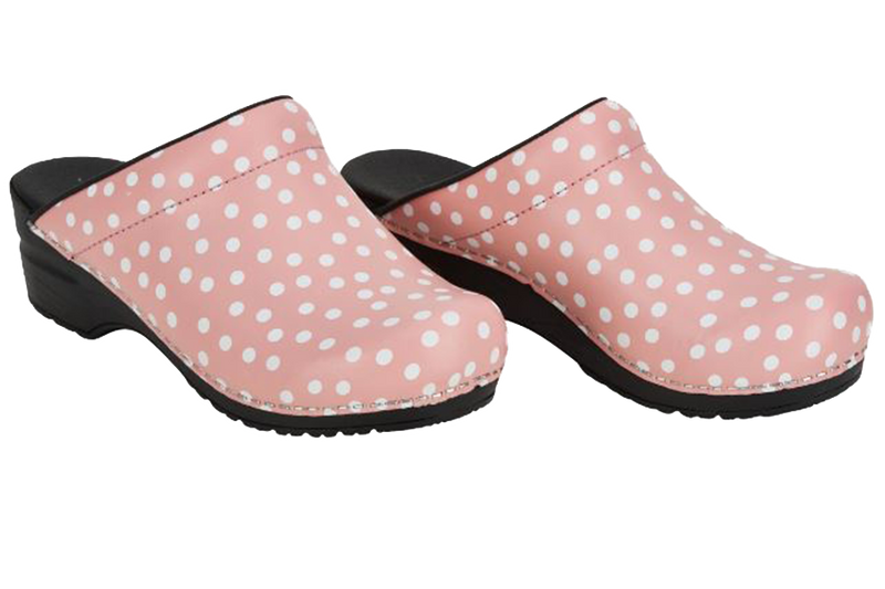 San Flex wellness footwear clogs. Two Side view pink with white dots